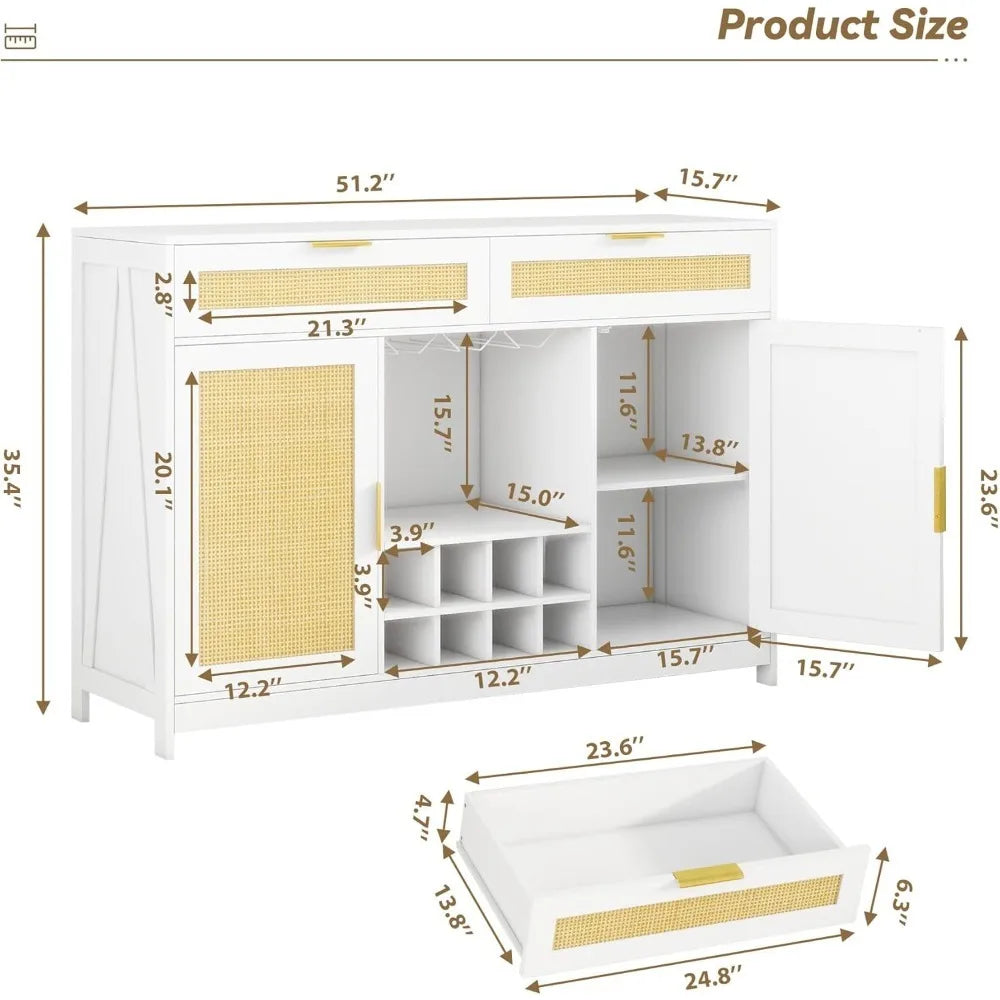 51.2'' Rattan Coffee Bar Cabinet – Boho Buffet with Drawers & LED Lights