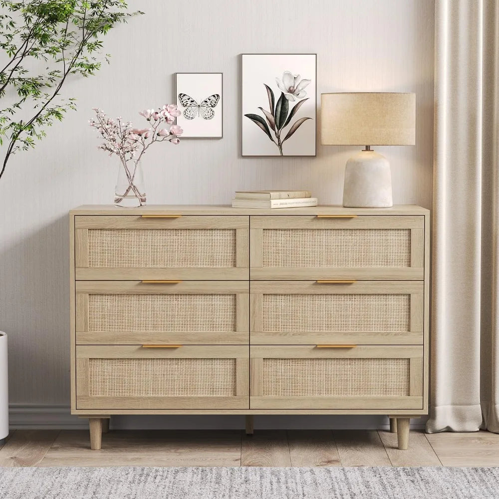 43" Rattan 6-Drawer Dresser – Boho & Farmhouse Storage Cabinet with Metal Handles