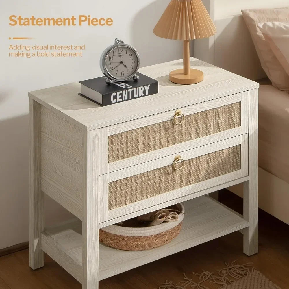 White Rattan Nightstand Set – Large Bedside Table with Drawers & Storage Shelf