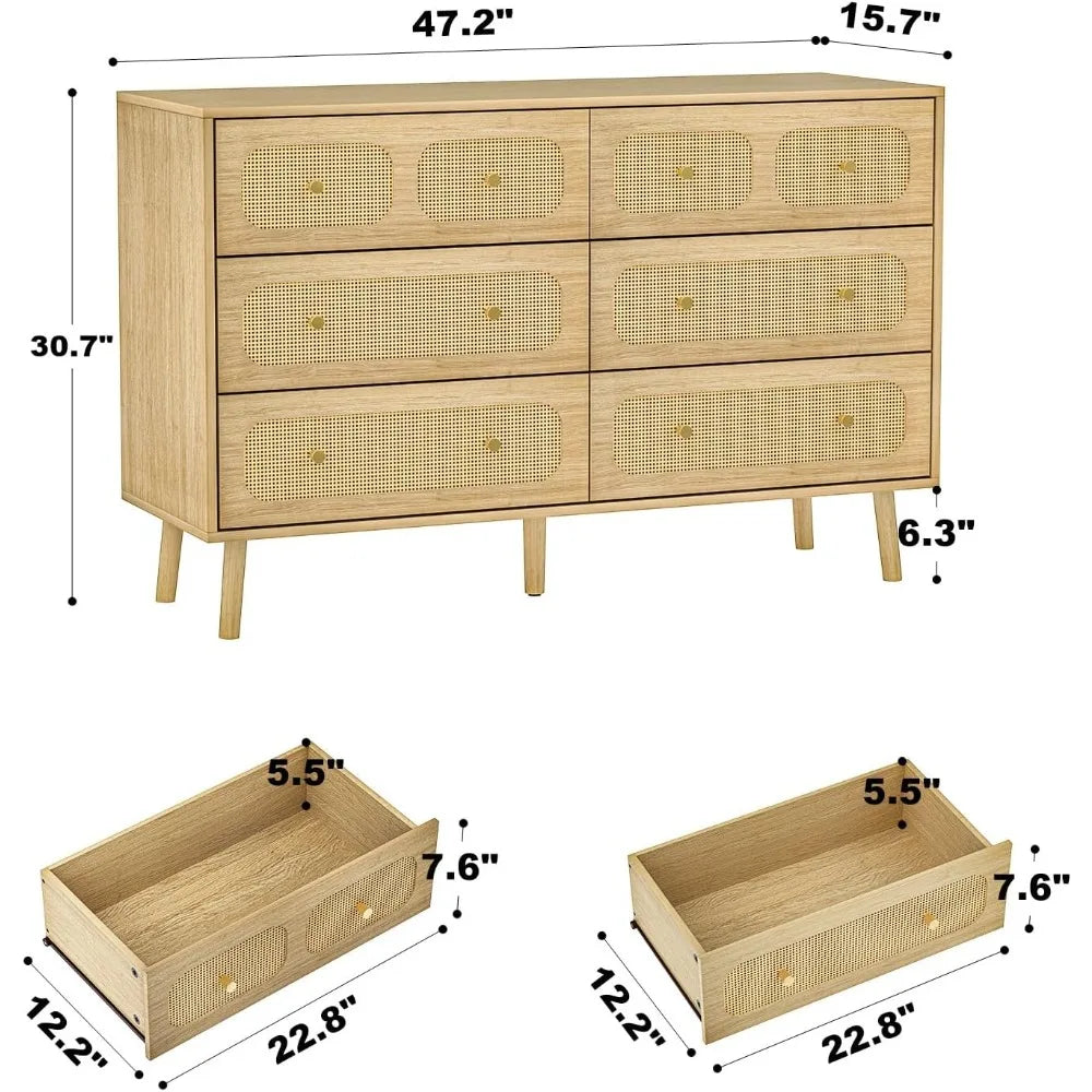 Rattan 6-Drawer Dresser – Modern Storage with Gold Handles