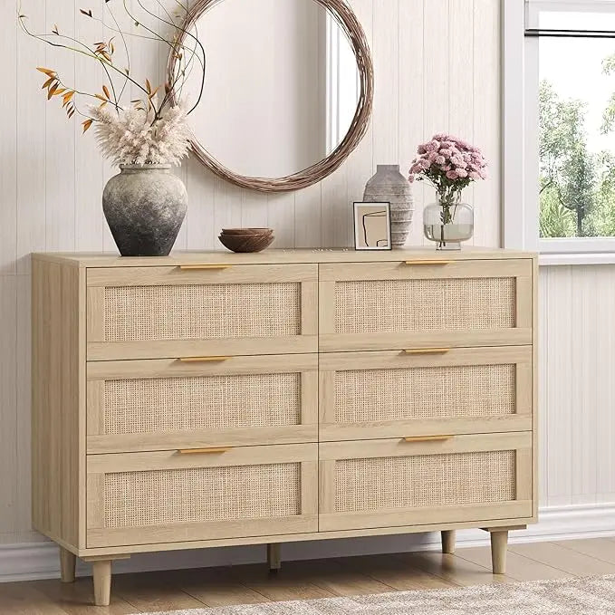 43" Rattan 6-Drawer Dresser – Boho & Farmhouse Storage Cabinet with Metal Handles