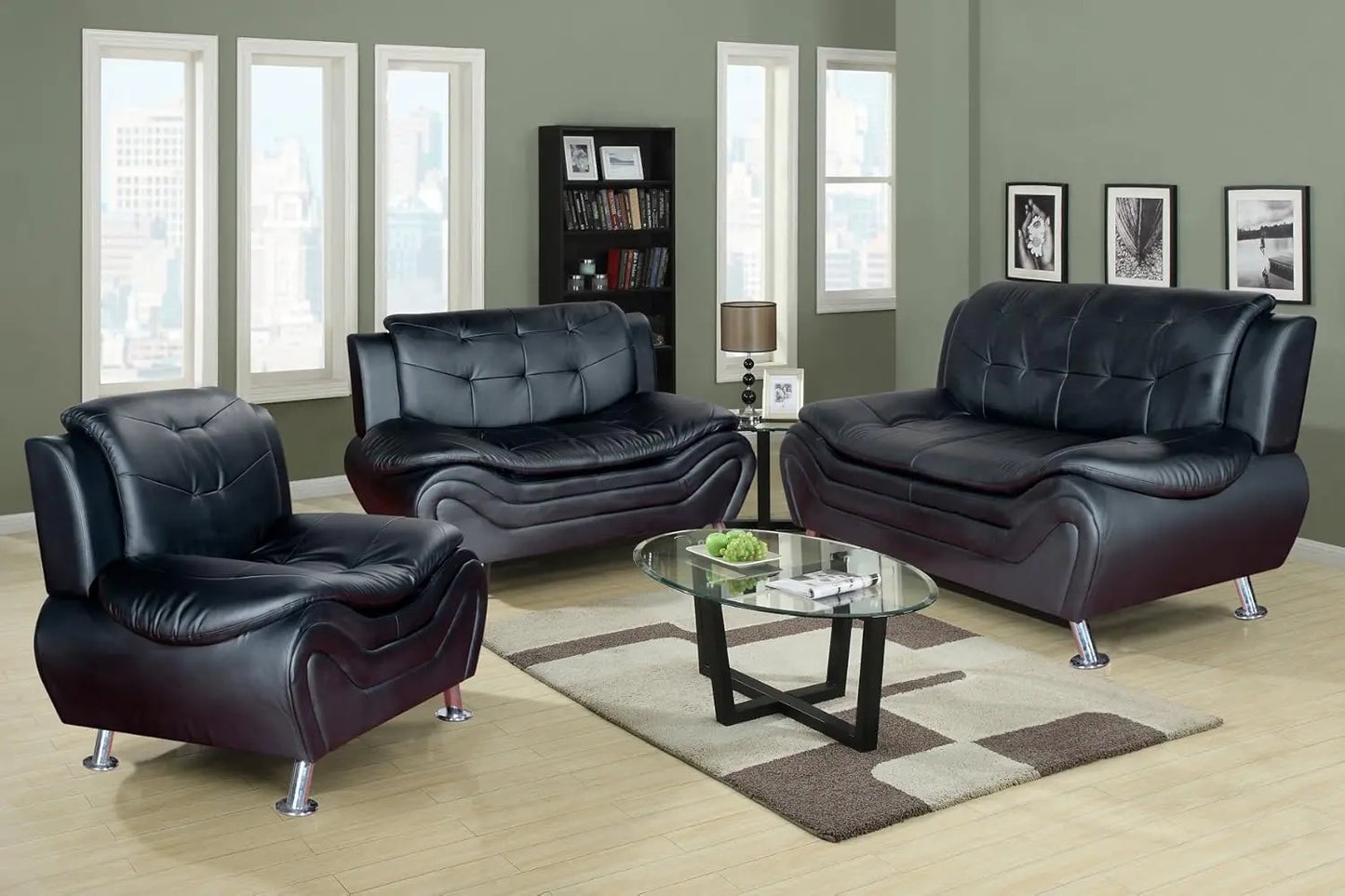 3-Piece Faux Leather Sofa Set – Modern Button-Tufted Couch with Simple Assembly