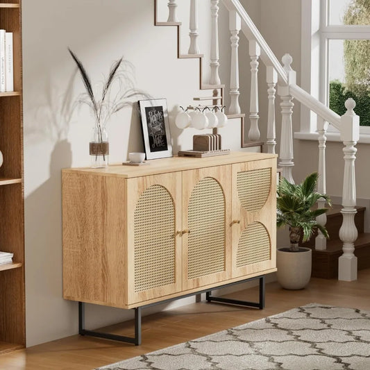 Rattan Buffet Cabinet – Boho Sideboard with Metal Legs and Rattan Doors