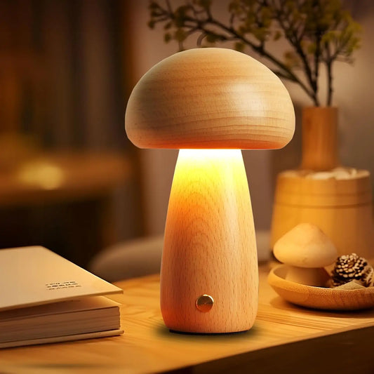 Wooden Cute Mushroom Bedside Table Lamp