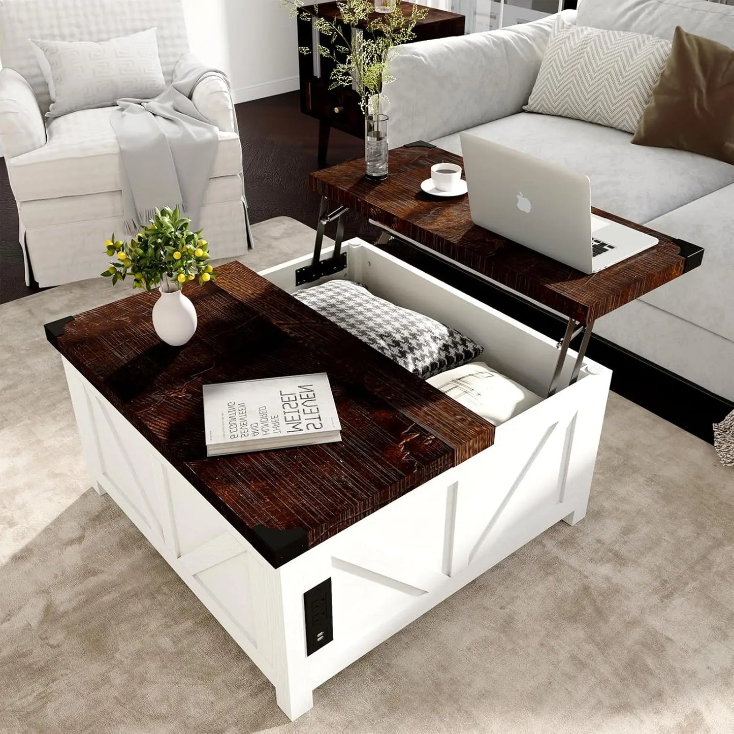 Farmhouse Lift-Top Coffee Table – Wood Center with USB Charging & Hidden Storage