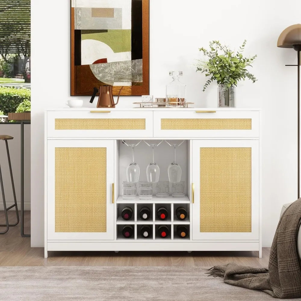 51.2'' Rattan Coffee Bar Cabinet – Boho Buffet with Drawers & LED Lights