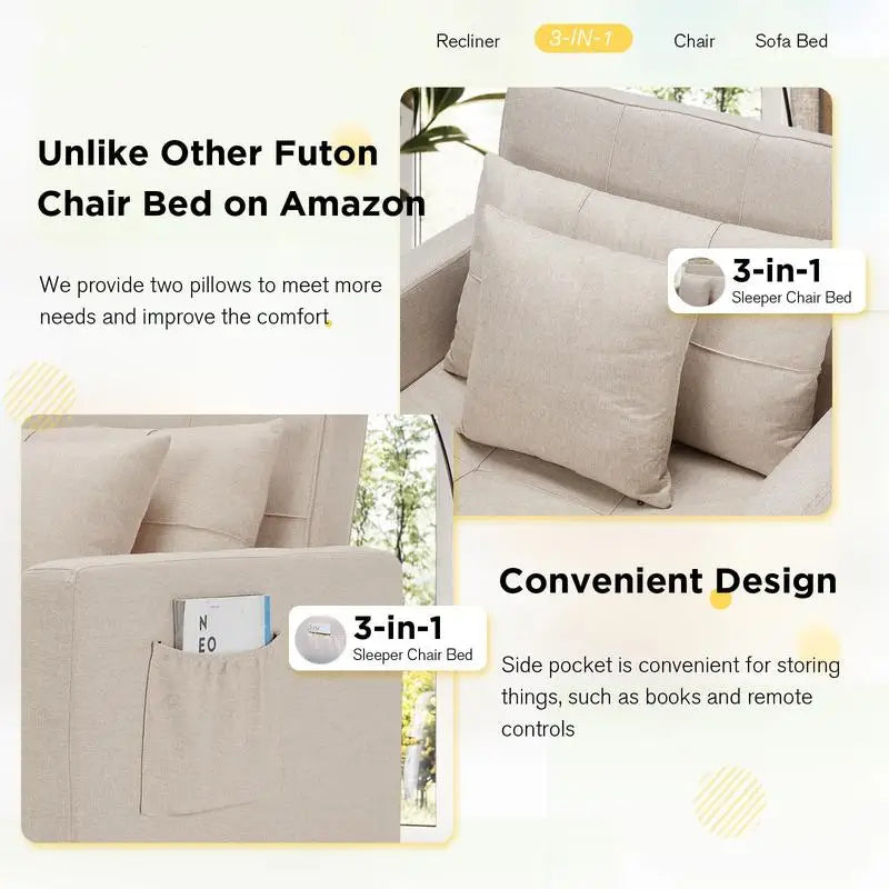 3-in-1 Convertible Futon – Modern Adjustable Folding Sofa Bed