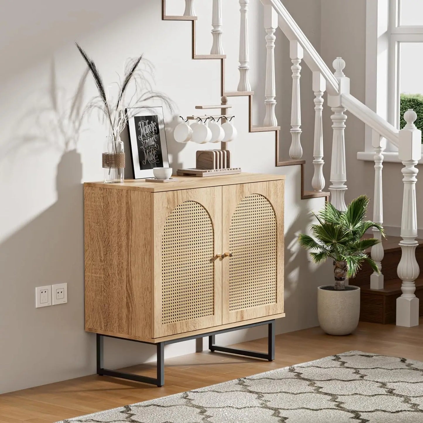 Rattan Buffet Cabinet – Boho Sideboard with Metal Legs and Rattan Doors