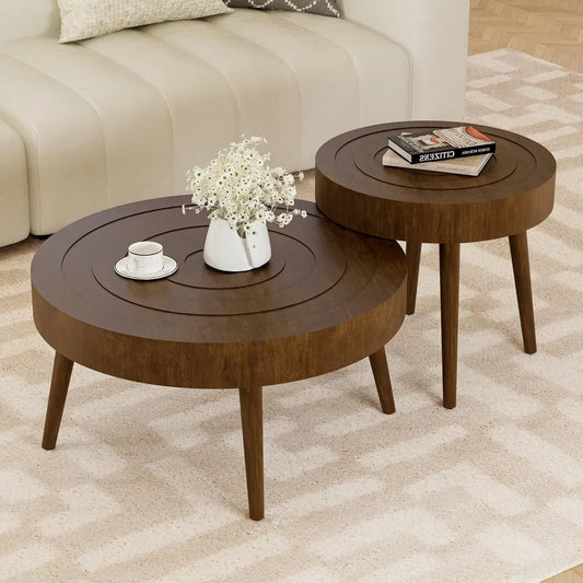 2-Piece Nested Wood Grain Coffee Table Set – Handcrafted Round Tables