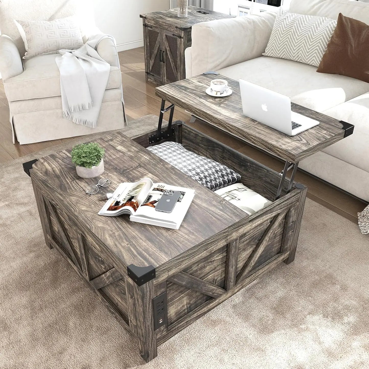 Farmhouse Lift-Top Coffee Table – Wood Center with USB Charging & Hidden Storage