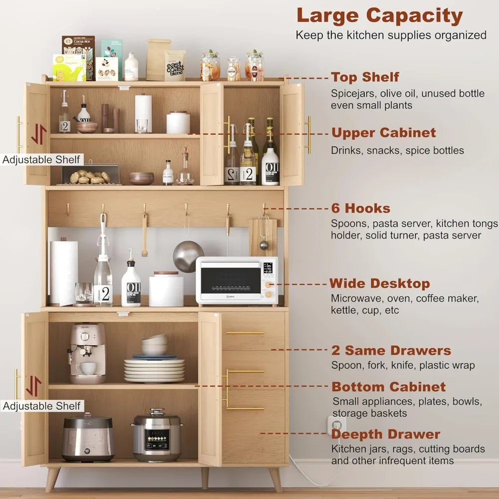 70.9" Rattan Pantry Cabinet – Freestanding Storage with Microwave Shelf & Charging Station