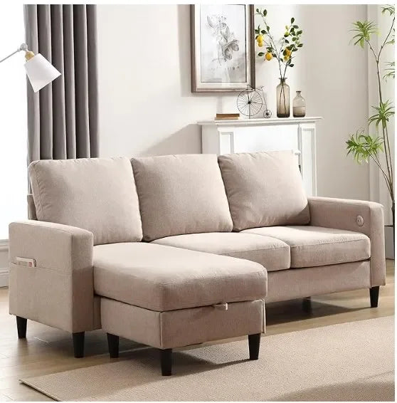 3-Seater Convertible L-Shaped Sectional – Storage Chaise & 2 Cup Holders