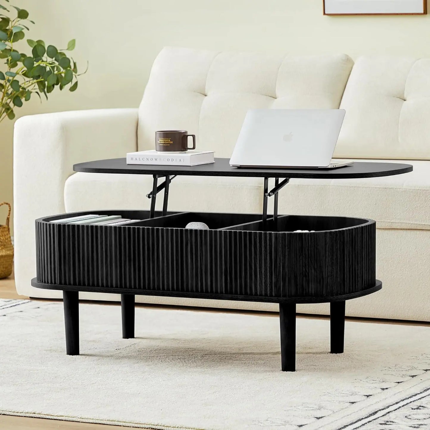 Modern Oval Fluted Lift-Top Coffee Table – Fully Assembled with Hidden Storage